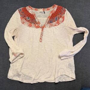 Akemi + Kin Anthropologie Cream Floral Yoke Henley Top Long Sleeve Cotton Small
